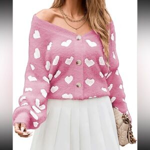 Luxe Heart Print Button Up Knit Cardigan Sweater Pink